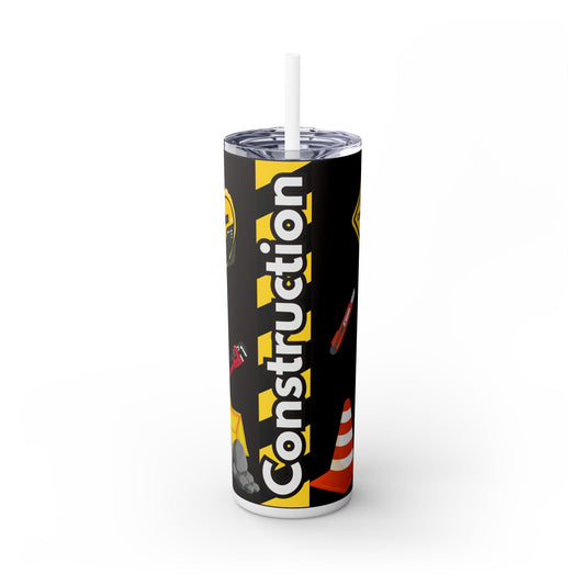 Construction Themed Skinny Tumbler with Straw - Perfect for Builders & DIY Enthusiasts
